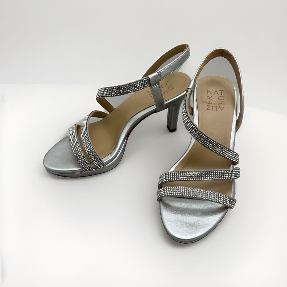 Naturalizer Brenta2 Womens Dress Sandals Sz 6 W Silver Rhinestone Strappy Heel